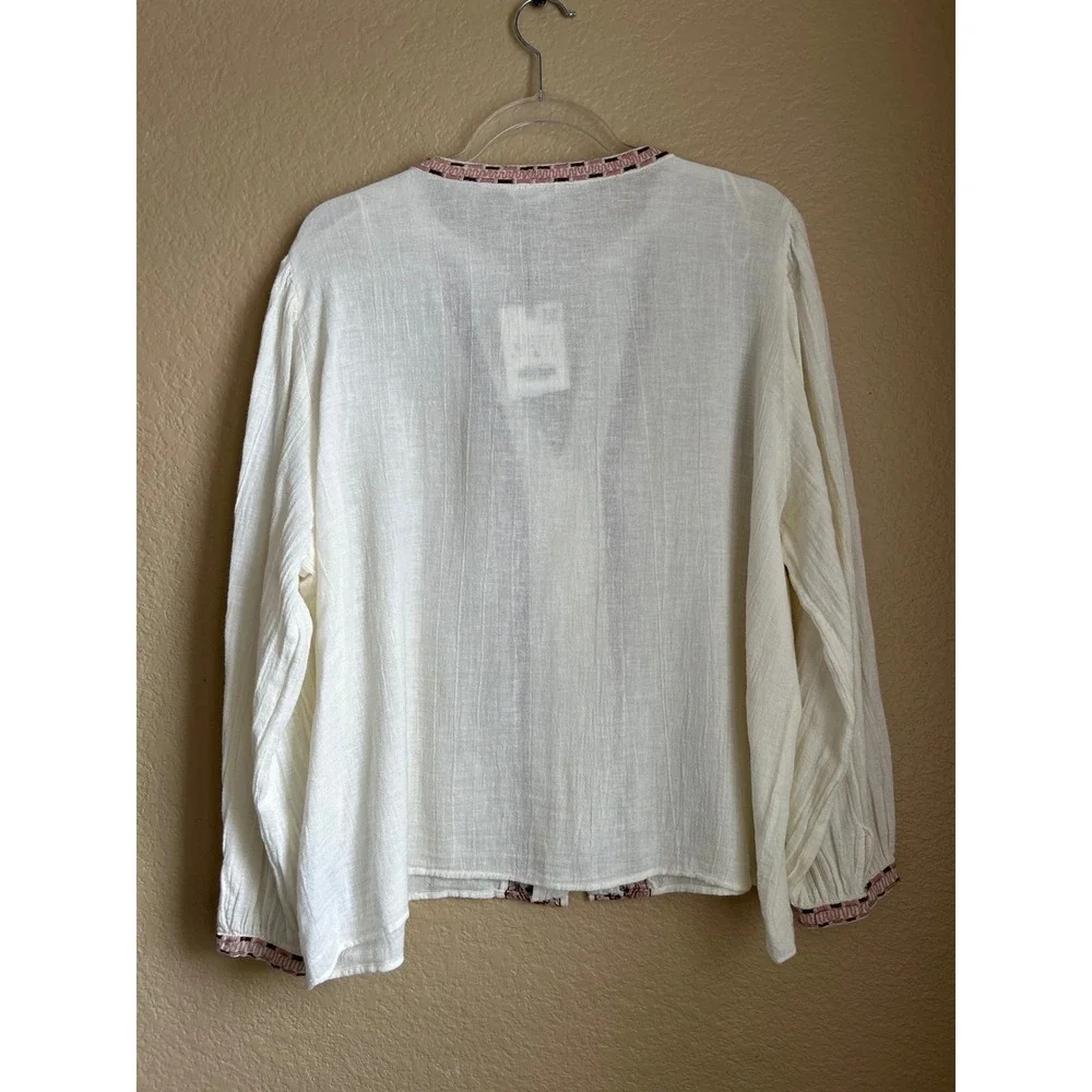 Zara Embroidered Cotton Linen Shirt Fiosa tan Boho Large Gauze Pirate Princess